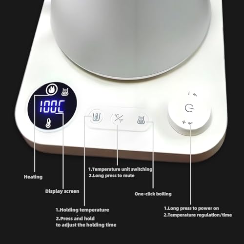 Electric Gooseneck Kettle 0.9L for Pour Over Coffee and Tea, Fast Heat Stainless Steel Inner, Digital LCD Temperature Control, Adjustable Timer, Auto Shut Off, Cordless & BPA-Free (White)