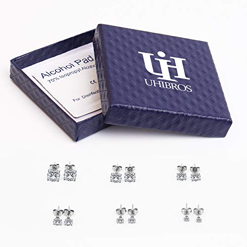 UHIBROS 6 Pairs Stud Earrings Set For Mens Womens Hypoallergenic Earrings Pack Cubic Zircon Earrings 18K White Gold Earrings