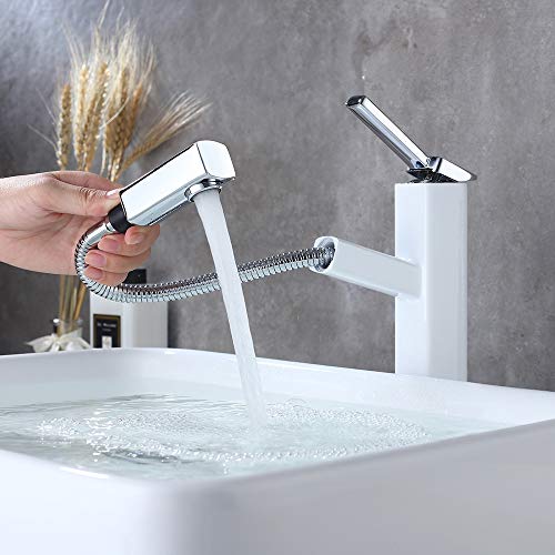 KAIYING Bathroom Pull Down Vessel Sink Faucet, Lavatory Single Hole Basin Sink Faucet with Pull Out Sprayer, Single Handle Utility Kitchen Mixer Tap with Rotating Spout, Brass(Tall, Chrome & White)