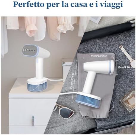 Stiratrice a vapore per abiti, portatile e maneggevole, capacità di 250ml, 1600W, riscaldamento 25s, spegnimento automatico, autol pulizia, nessuno schizzo d'acqua, per casa, ufficio e viaggio