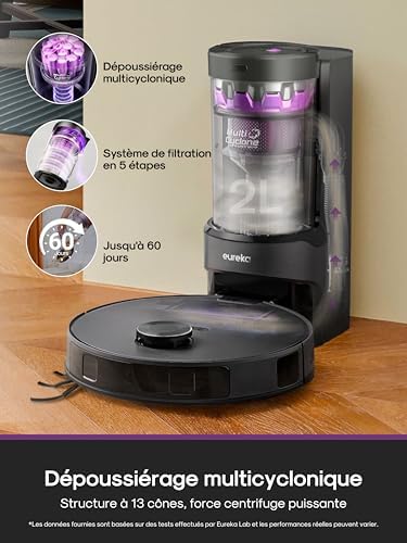 E20 Evo Plus Robot Aspirateur Laveur avec Station sans Sac Aspiration 10000 Pa Aspirateur Robot Autovidange, Anti Enchevêtrement pour Cheveux Poils d'animaux, Soulèvement de Serpillière 10mm