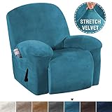 H.VERSAILTEX 1 Piece Stretch Real Super Velvet Plush Recliner Slipcovers, Recliner Chair Cover, Recliner Cover Furniture Protector Elastic Bottom, Recliner Slipcover with Side Pocket, Peacock Blue