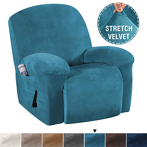 H.VERSAILTEX 1 Piece Stretch Real Super Velvet Plush Recliner Slipcovers, Recliner Chair Cover, Recliner Cover Furniture Protector Elastic Bottom, Recliner Slipcover with Side Pocket, Peacock Blue