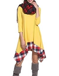ACEVOG Womens manga larga Plaids sueltos dobladillo irregular Túnica Camisa Vestido de Casual