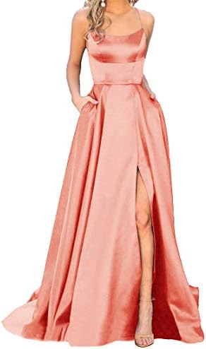 Women's Spaghetti Satin Long Black Prom Dresses with Pockets