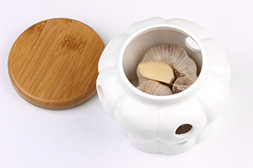 MEKBOK Garlic Keeper,Garlic Keeper for Counter,White Ventilated Garlic Container,Ceramic Garlic Storage Container with Bamboo Lid