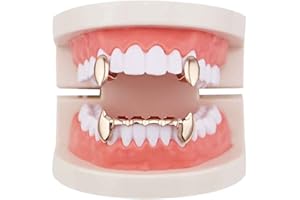 Psivika Gold Plated Shiny Hip Hop Teeth Grillz Caps Iced Out CZ Top and Bottom Vampire Fangs Grillz for Men and Women