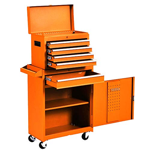 Removable Tool Chest,5-Drawers Tool BOX,Tool Chest with Wheels (2PCS Lockable) and Drawers,Tool Storage with Tray and Cabinet,Organizer(Orange)