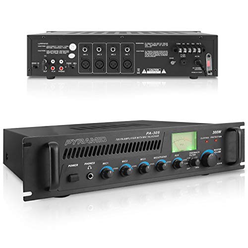300W Max Pro Audio Amplifier – 70V Multi-Channel Stage & Studio PA Speaker, Public Address Amplifier Receiver with XLR Microphone Inputs, Mic Talkover, Universal Rack Mount Design – Pyramid PA305.5