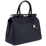H & S HS 1205 AZ Minerva Made in Italy Leather Navy Structured Top Handle Bag