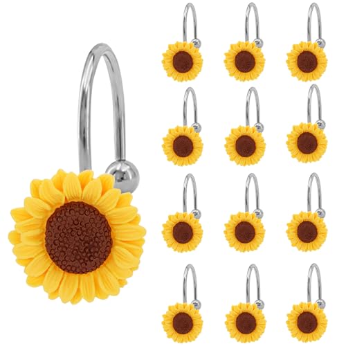 Sunflower Shower Curtain Hooks, 12PCS Resin/Stainless Steel Decorative Hanger Rings with Single Bead Stable Grip, Rust-Resistant Yellow Flower Hooks for Bathroom Shower Rod,Bedroom & Living Room Decor at Amazon