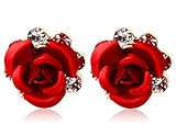 Tanboo Rigant 18K RGP Crystal Accented Rose Stud Earrings (Red)