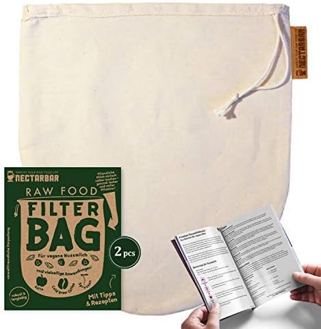 NUT MILK BAG (Eco) NECTARBAR, 2 PCS. DOUBLE PACK - RAW FOOD FILTER BAG - Finely woven premium strainer for plant based milk, organic almond drink, grain and seed milk, yoghurt, curd and cheese cloth, for cold brew coffee, tofu and tempeh making, juicing, sprouting, wash rice and quinoa, filter kefir and kombucha, reusable multipurpose straining bag - ORIGINAL NECTARBAR 100% pure nylon, BPA-free with booklet, recipe and guarantee