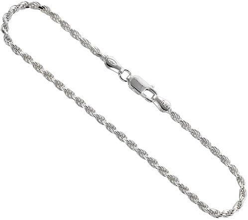 Sterling Silver Diamond Cut Rope Chain Anklet-1.5MM Wide Nickel Free. Made In Italy- Size 9" & 10" (9 Inches)