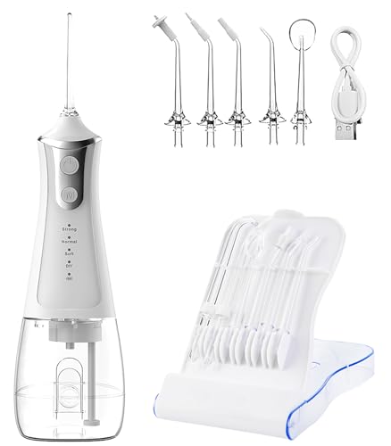 Water Flossers for Teeth, Portable Dental Water Floss for Tooth Cleaning, Cordless Oral Irrigator with 5 Tips & Jet Storage Case, Rechargeable 300mL Flosser for Travel, IPX7 خيط مائي للأسنان