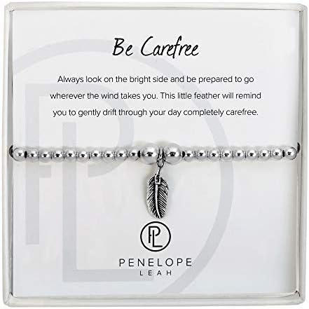 Penelope Leah Sterling Silver Be Carefree Stretch Bead Feather Charm Bracelet