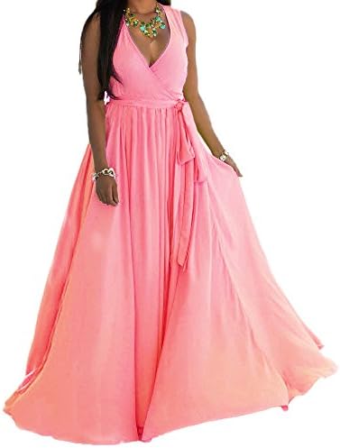 HannahZone Womens Sexy V Neck Sleeveless Long Maxi Split Evening Chiffon Summer Dress with Belt