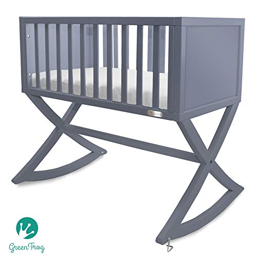 Green Frog, Allegro Cradle | Handcrafted Contemporary Wood Baby Cradle | Premium Pine Construction | Rocking and Stationary | Modern Grey Color