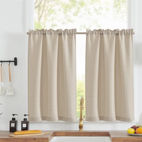TOPICK Short Beige Kitchen Curtains 70L x 90H cm for Low Cabinet Window Cupboard with Internal Rod Pocket Small Curtain Modern 2 Panels