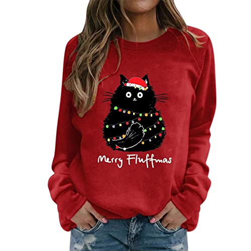 Christmas Sweatshirt for Women With Crewneck and Hatless Cat Print Ladies Christmas Sweatshirt Merry Fluffmas Text Xmas Jumpers Women'S Fashion Clothing Winter Casual Hoodie for Festive,Red,S