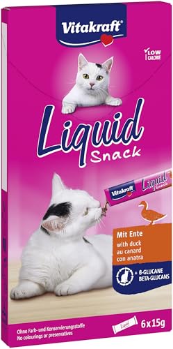 Liquid Snack, snack gatto liquidi, con anatra, leccornie per gatto, con betaglucani, a sostegno delle difese immunitarie, a ridotto contenuto calorico (1 confezione con 6x 85g)