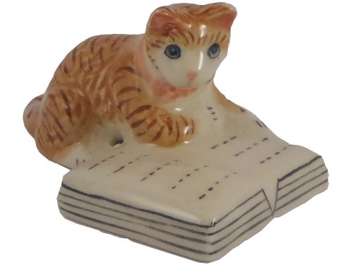 Miniature Figurine Ceramic Animal Statue Cute!! Brown Cat , Kitten Reading Book