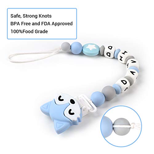 Pacifier Clip Personalized Name with Fox Teether, MCGMITT Customized Binky Holder Teething Silicone Beads for Baby Boys (Blue) - Thumbnail 2