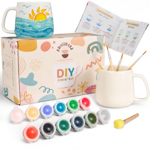 Generisch Ceramic Painting Set - DIY Ceramic Self Painting Set for Home - Cups Painting Set with Bright Colours & Ceramic Brushes - Creative Ceramic Painting Set for Adults & Children