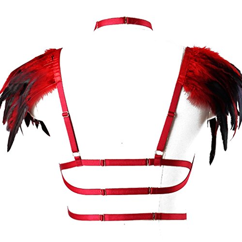 Red Feather Harness Caged Bralette Epaulette Wings Body Crop Top Plus Size Goth Fetish Art Clothing - Thumbnail 4