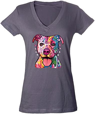 Neon Painting Pitbull Puppy Dog Bulldog Doggy Women V-Neck T-Shirt -Charcoal-S