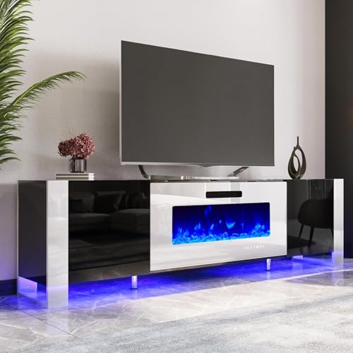 Jocisland 70" Fireplace TV Stand with 36" Electric Fireplace, Entertainment Center with High Gloss Doors & LED Lights, Modern Entertainment Stand for TVs up to 80", Black&White