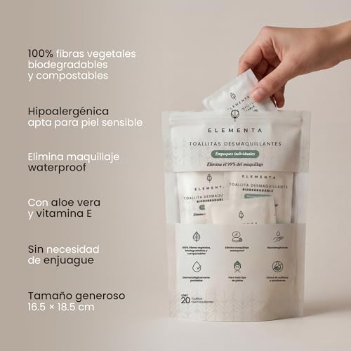 Elementa Toallitas Desmaquillantes Individuales, Toallitas Húmedas para Desmaquillar Ojos y Rostro, con Aloe Vera y Vitamina E, Hipoalergénicas, Biodegradables | 20 Toallitas Individuales