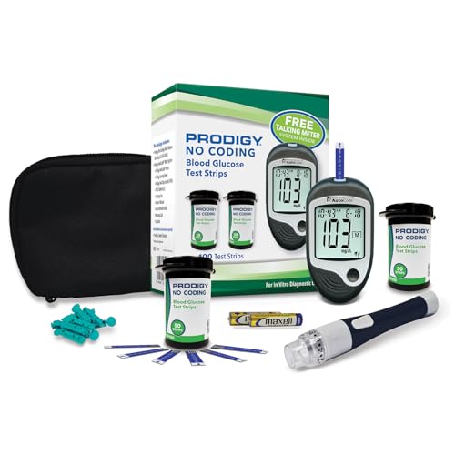 PRODIGY 10500 100ct Test Strips with AutoCode Talking Meter Starter Kit, PRODIGY AutoCode Blood Glucose Talking Meter, No Coding Blood Glucose Test Strips (2 vials of 50ct), Adjustable Depth Lancing Device, Twist Top Lancets 28G (10ct), Carrying Case, Quick Reference Guide, Owner's Manual