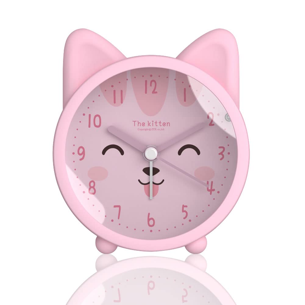Roadtime Cute Animal Alarm Clock for Kids, Non-Ticking Rabbit/Cat/Deer Clock, Desk Bedside Silent Alarm Clock with Backlight (Cat,Pink)