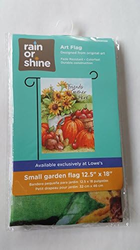 12.5 x 18 inch small garden flag "Friends Gather here" Field of sunflowers pumpkins, and basket of apples with small bunny in front.