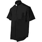 CLERKMANS Men’s Clergy Priest Shirt Short Sleeves, Free Tab Collar Insert for Pastor Preacher Minister Costume Button Shirt