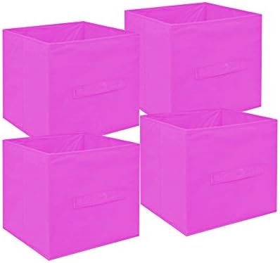 Small Collapsible Storage Cube - 4 Pack Set Collapsible Storage Trunks &amp; Containers - Fabric Pull Handle Baskets For Organizing Books, Toys, Clothing - Bright Fashionable Colors (Pink)