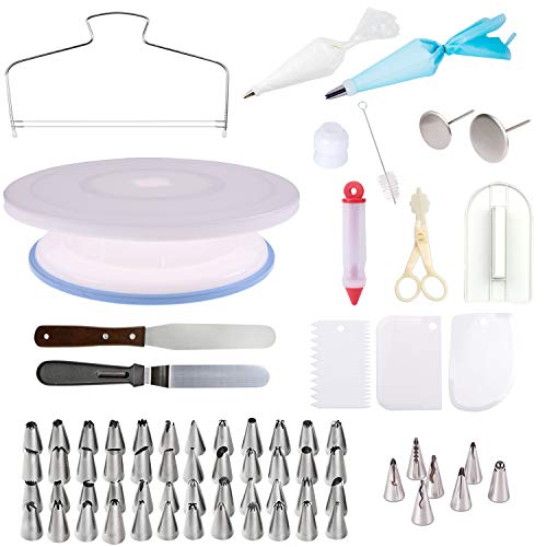 AYIN Cake Decorating Supplies Set - Professional Cupcake Decorating Kit | Baking Supplies | Non-Slick Cake Turntable Stand, Stainless Steel Frosting Tips, Coupler, Icing Spatulas, Scrapers, Silicone P