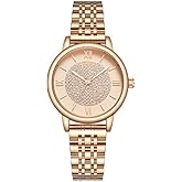 AMOVAN Gold Watches for Women with Vintage Round Case, Crystal Roman Dial, Stainless Steel Band, Adjustment Tool Included, Water Resistant