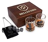 BELLEFORD Whiskey Stones & Whiskey Glass Set of 2 Whisky Bourbon Glasses and 8 Scotch Wisky Granite Ice Cubes - Alcohol, Liquor, Wiskey, Wine Accessory Gifts for Men - Large Shot Bar-Ware Kit for Dad