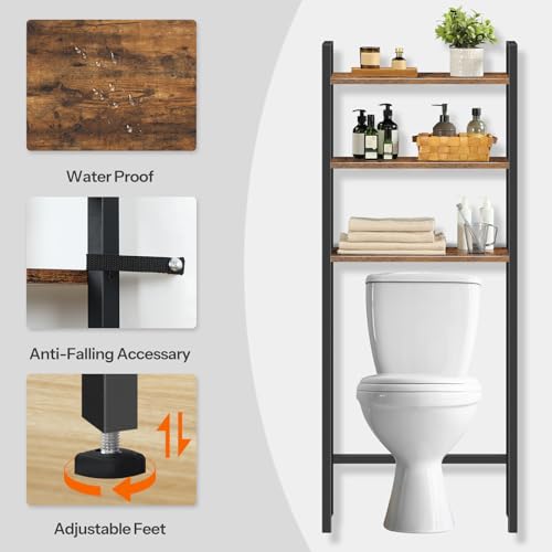 HOOBRO Toilet Storage Shelf, 3 Tier Over Toilet Bathroom Organizer Shelf, Freestanding Over the Toilet Storage Rack with Multi-Functional Shelves, Space Saver, Rustic Brown EBF41TS01