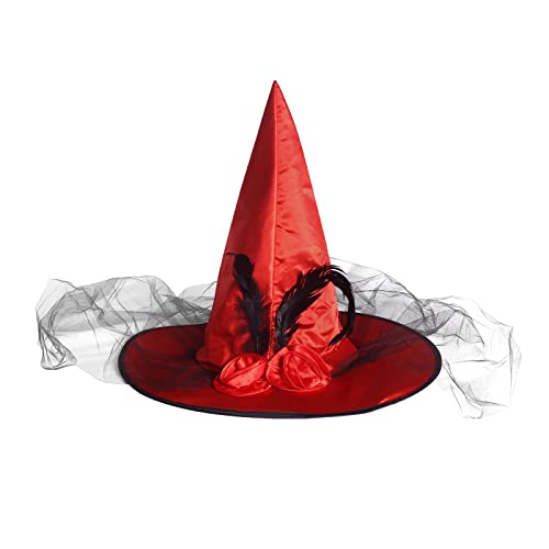 JUSTOTRY Halloween Witch Hat - Halloween Costume Witches Hats for Women attached with Roses & Feathers
