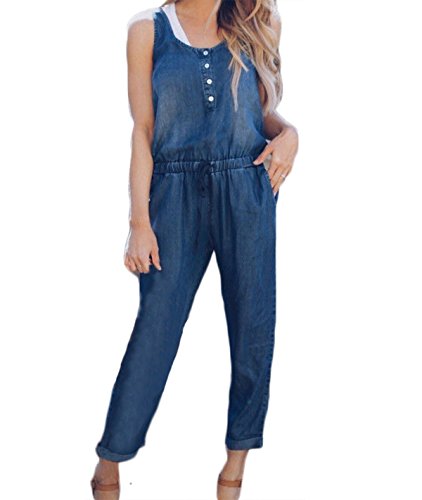Yoawdats Women's Sleeveless Denim Jumpsuit Long Pants Overalls Party Rompers Trousers (Large, Blue)