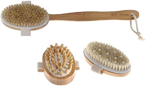 Premium Long Handle Body Brush Set with 3 Multi-functional Bath Shower Brushes,1 Ergonomic Bamboo Handle