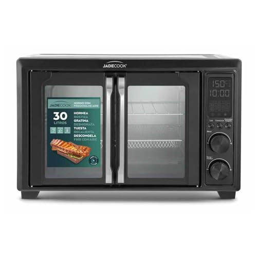JadeCook Horno Eléctrico con Freidora de Aire de 30 Litros, Temperatura de 100 °C a 230 °C, Apagado Automático, Doble Puerta de Vidrio Templado, Frie Rostiza, Hornea, Cocina Saludable, Color Negro