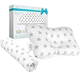 Baby Head Shaping Pillow + Bamboo Swaddle Blanket | Breathable Hypoallergenic Baby Pillow for Sleeping, Newborn Pillow Helps Prevent Flat Head or Plagiocephaly | The Only Infant Pillow Gift Set