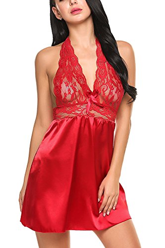 Sweetnight-Sexy-Halter-Nightgown-Satin-Chemise-Lace-Babydoll-Lingerie-Sleepwear-for-Women