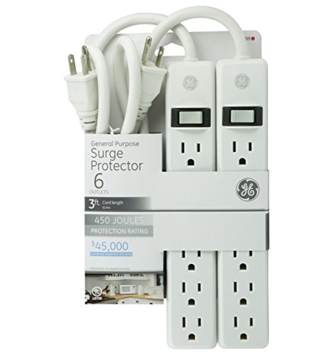 GE 6-Outlet General Purpose Surge Protector, 2-Pack, 450 Joules, 3ft. Cord, White, 14709