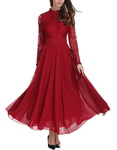 Milumia Women's Vintage Floral Lace Long Sleeve Ruched Neck Flowy Long Dress Burgundy XXL