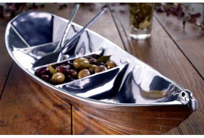 KINDWER Tropical Boat Tray with 2 Oars as Servers, 22-Inch, Silver